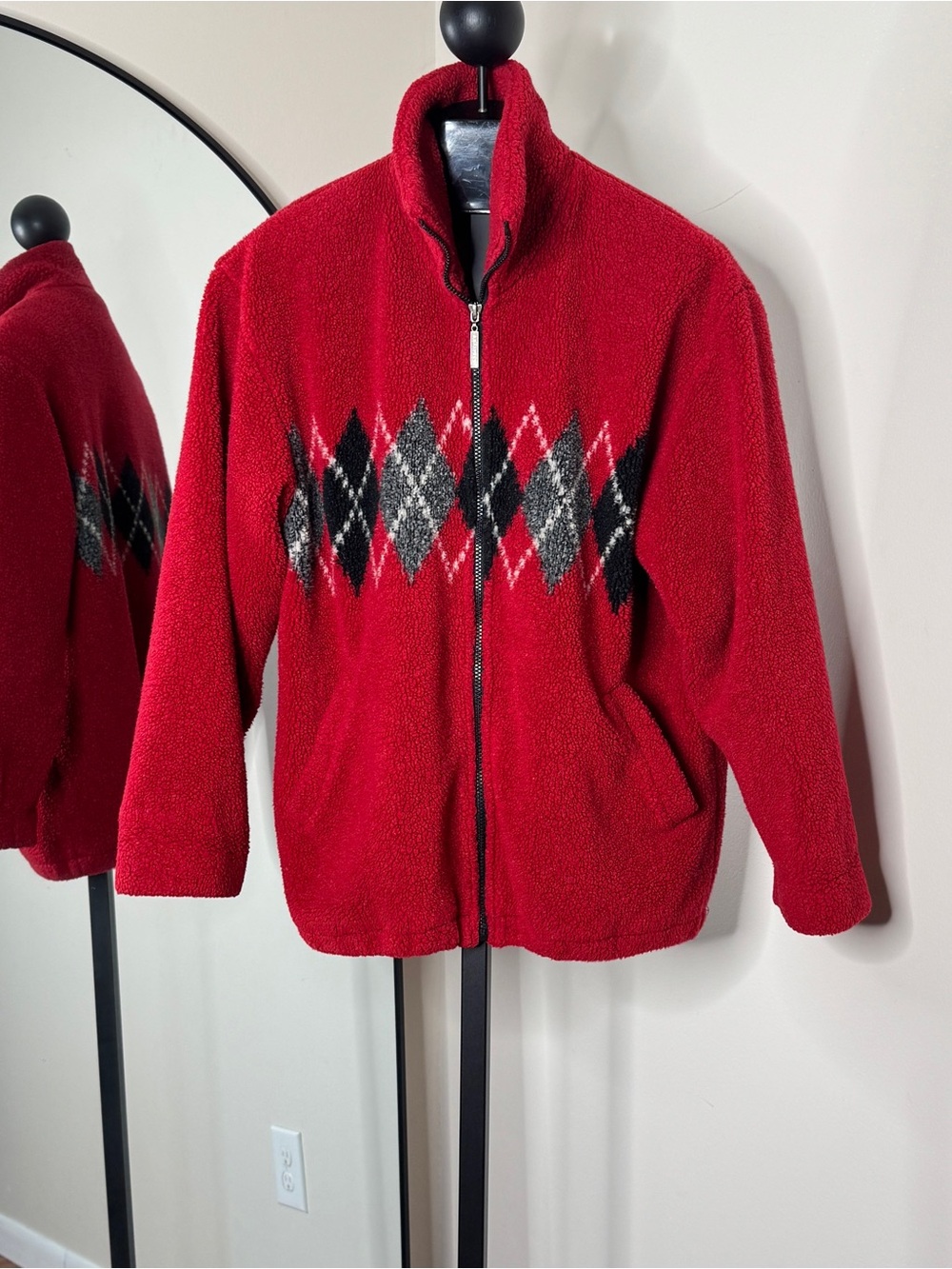 Kristen Blake Apres USA Red Argyle Fleece Sweater Jacket Preppy Ski Lodge Size S